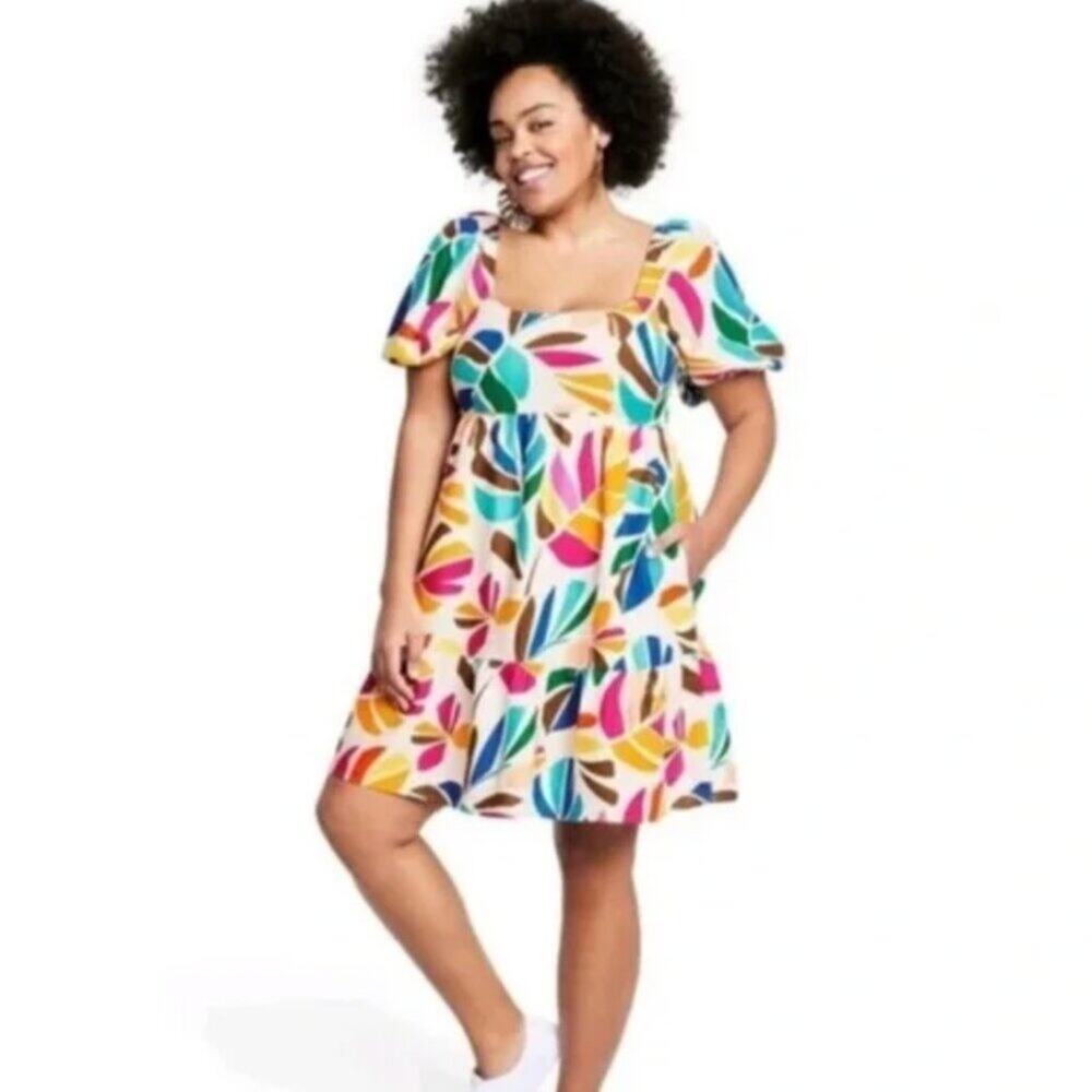 Tabitha Brown for Target Tropical Linen Blend Tropical Puff Sleeves Dress 1X